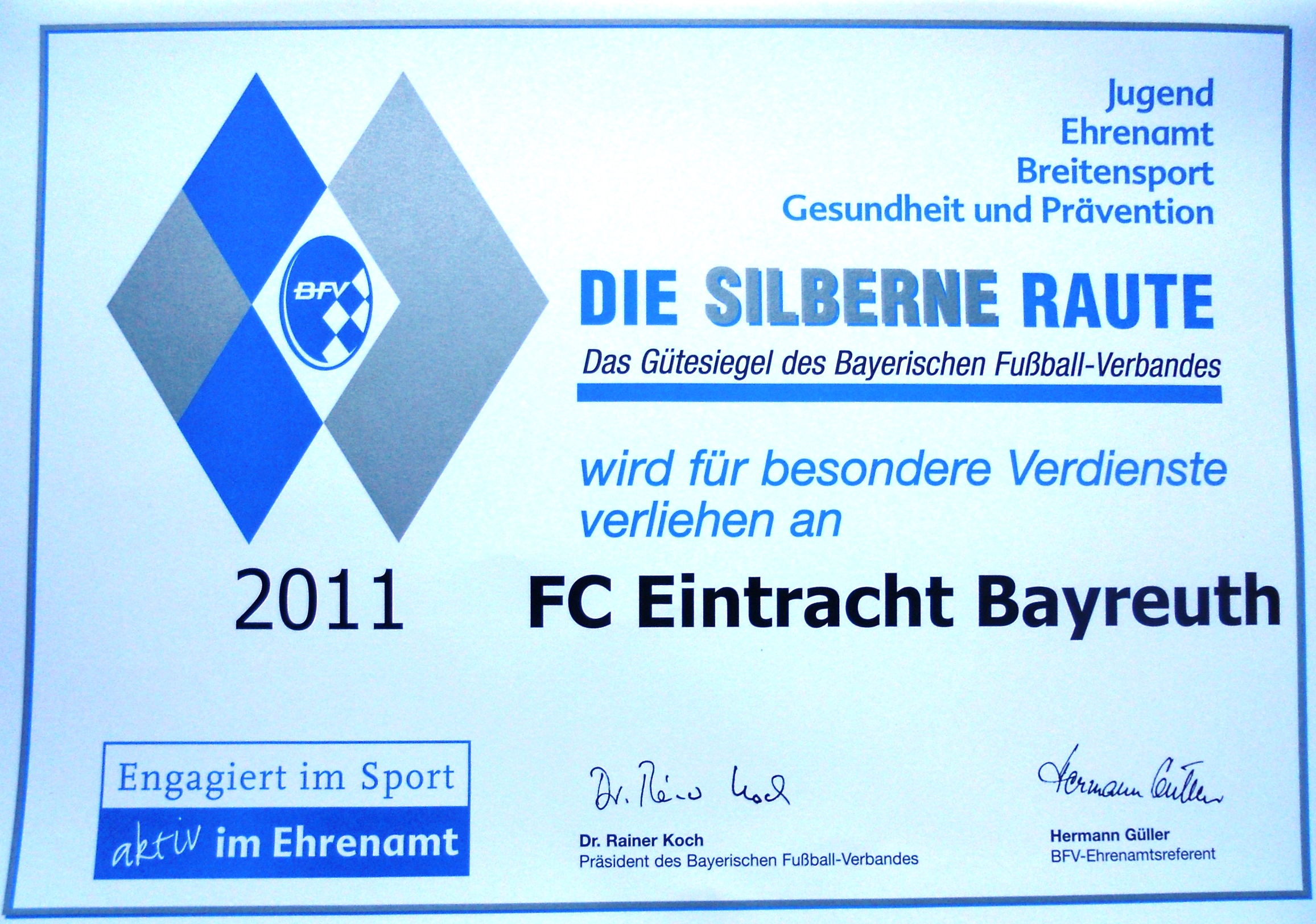 Urlkunde Silberne Raute f�r Eintracht Bayreuth